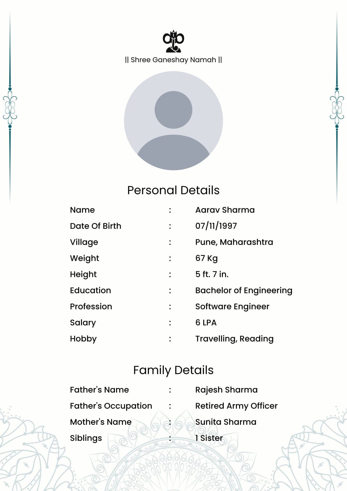 Biodata Teal Mandala Border: a marriage biodata format